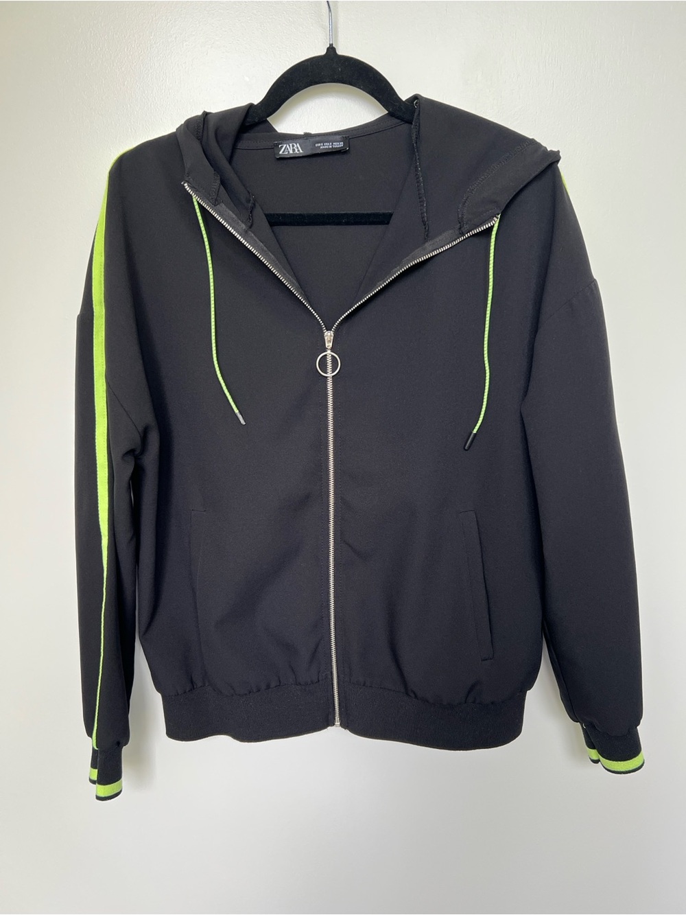 Zara Black Zip Hoodie with Neon Green Trim